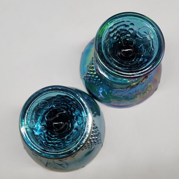 Indiana Grape Pattern Carnival Glass Candle Holders Blue & Iridescent Finish 4" - Picture 6 of 7